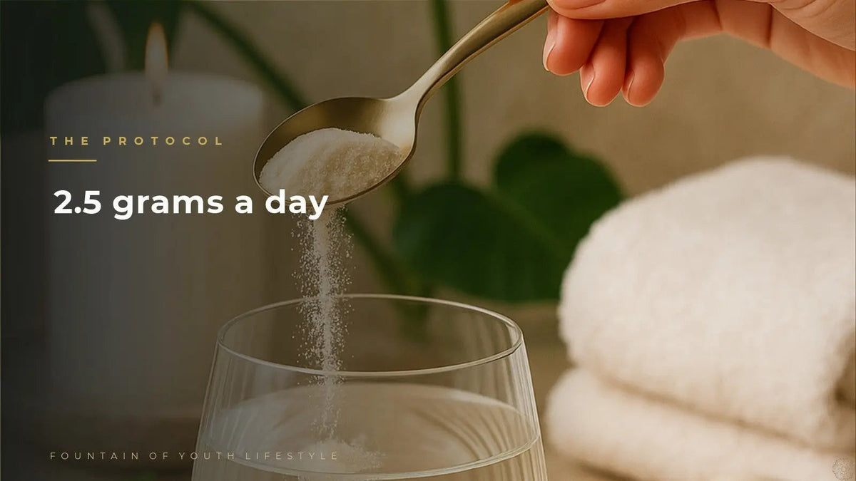 Pouring a 2.5g dose of tripeptide collagen into water - Fountain of Youth Lifestyle