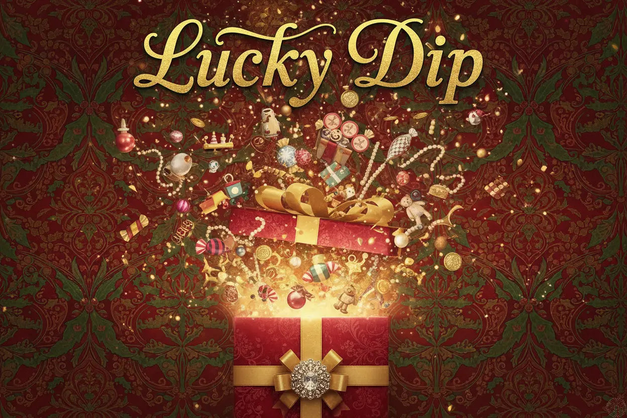 Vintage christmas themed back ground, gold writing, Lucky dip with picture of gift box with top exploding with gifts