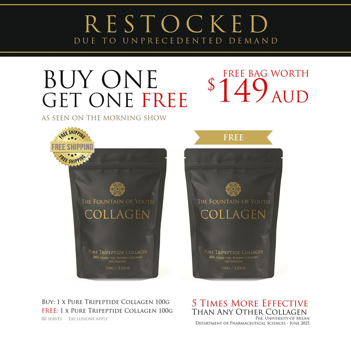 The 2 for 1 Deal, restocked due to unprecedented demand: buy one Pure Tripeptide Collagen 100g bag, get one free - The Fountain of Youth Lifestyle