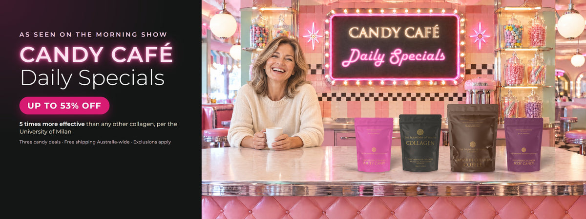 Candy Cafรฉ Daily Specials, as seen on The Morning Show: three candy collagen deals, up to 53% off. A woman laughing over a coffee at a pink 1950s diner counter under a neon Candy Cafรฉ Daily Specials sign, with Tripeptide Collagen Beauty Candy, Pure Tripeptide Collagen 100g, Tripeptide Collagen Coffee and Tripeptide Collagen Body Candy. Exclusions apply.