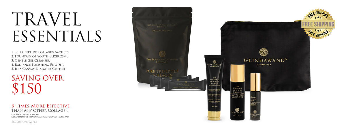Travel Essentials deal, saving over $150: 30 Tripeptide Collagen sachets, Fountain of Youth Elixir 25ml, Gentle Gel Cleanser, Radiance Polishing Powder Scrub and Masque, in a Canvas Designer Makeup Clutch. Free shipping. Exclusions apply. Home page slider, desktop.