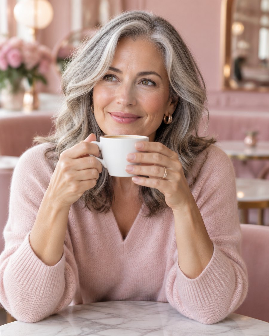 A woman in her fifties smiling over a cup of coffee at a pink café table