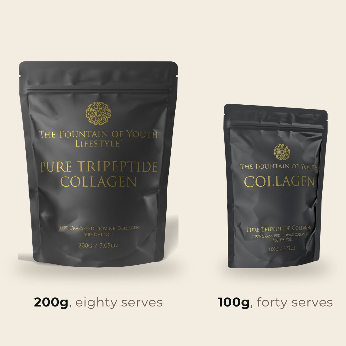 The Howie Deal: the 200g bag of Pure Bovine Tripeptide Collagen standing beside the 100g bag at true relative size, eighty serves against forty