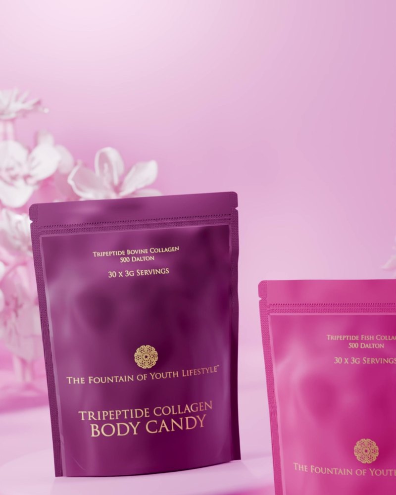 Body Candy and Beauty Candy pouches among pink spring blossom