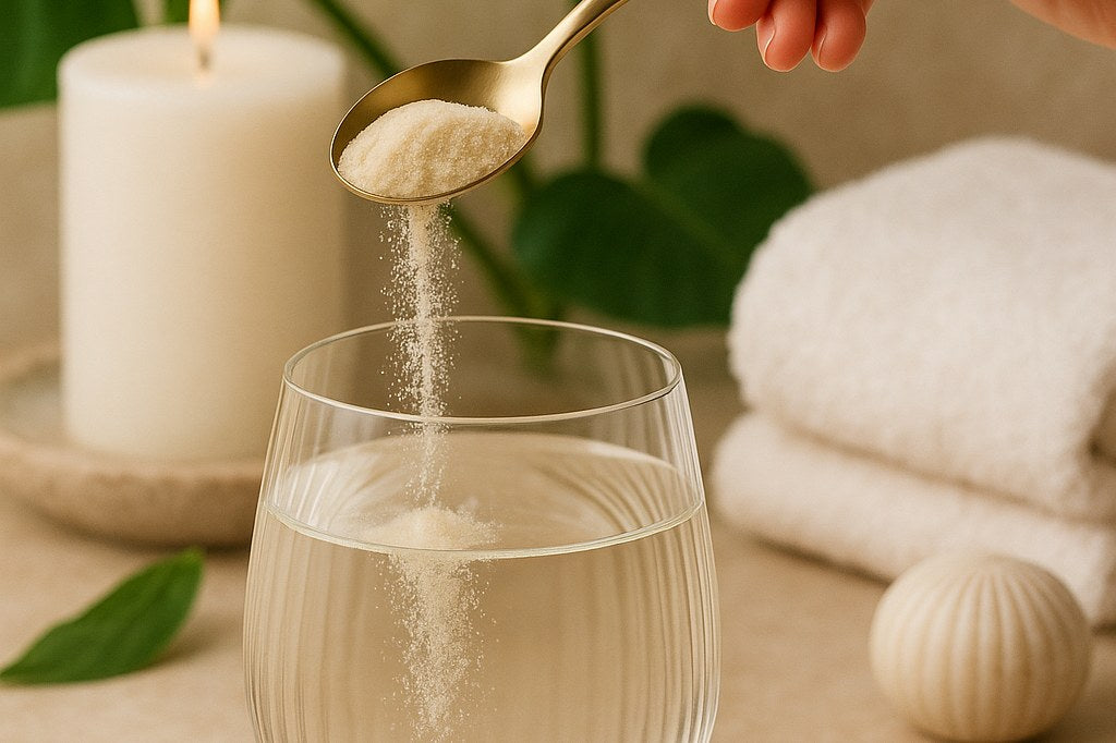Tripeptide collagen powder dissolving into water from a gold spoon