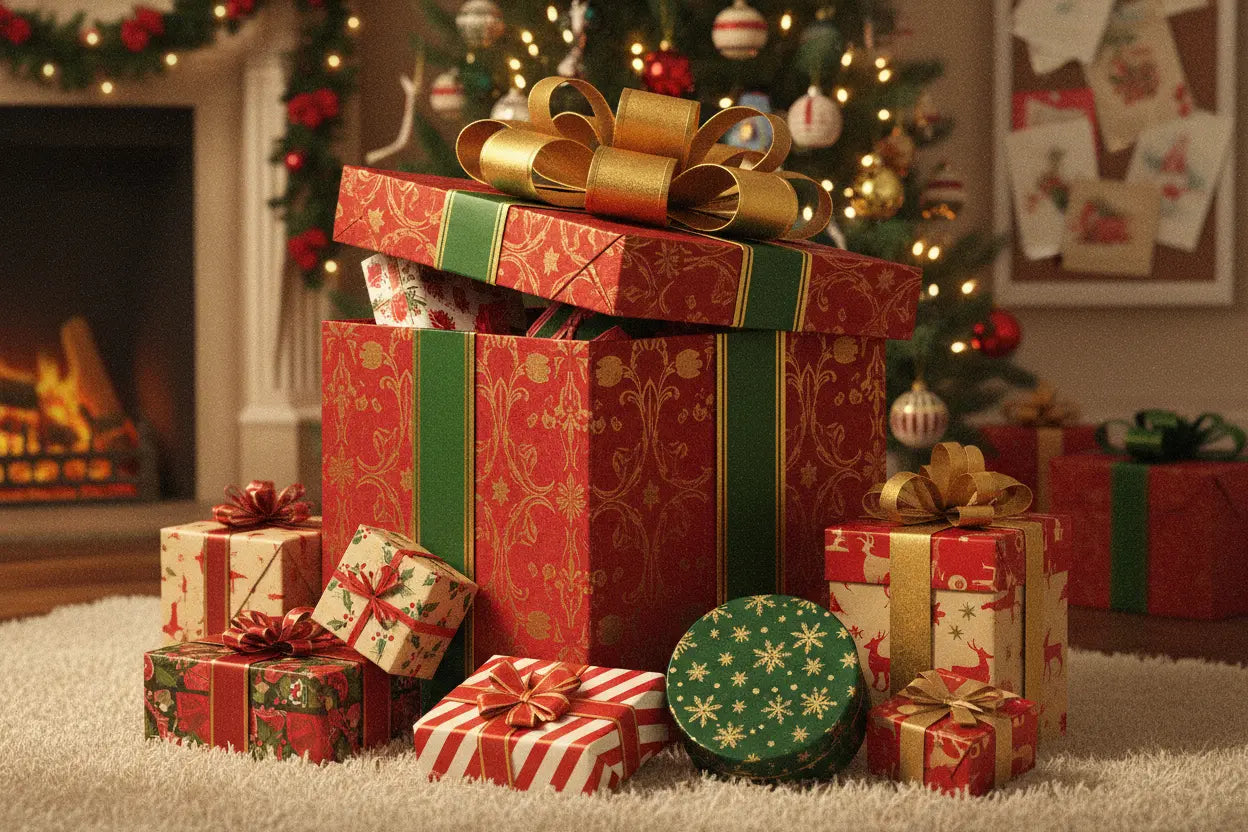 Vintage Christmas themed background, image of gift box stuffed with presents