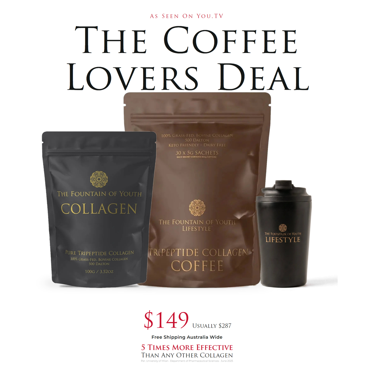 The Coffee Lovers Deal - 100g Pure Bovine Tripeptide Collagen with free Tripeptide Collagen Coffee and free Lifestyle Thermal Keep Cup, $149