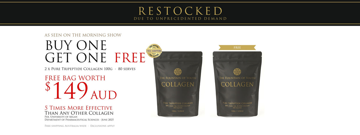 Restocked due to unprecedented demand. The 2 for 1 Deal: buy one Pure Tripeptide Collagen 100g bag and get the second bag free, a free bag worth $149 AUD, 80 serves. 5 times more effective than any other collagen, per the University of Milan. Free shipping Australia-wide. Exclusions apply.
