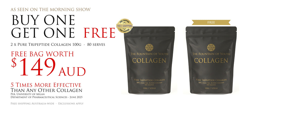 The 2 for 1 Deal: buy one Pure Tripeptide Collagen 100g bag and get the second bag free, a free bag worth $149 AUD, 80 serves. 5 times more effective than any other collagen, per the University of Milan. Free shipping Australia-wide. Exclusions apply.
