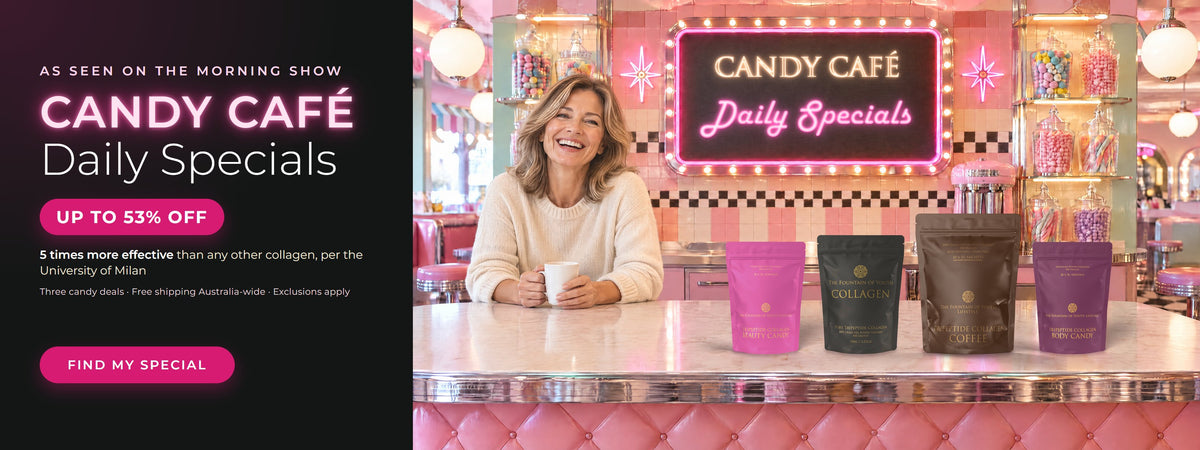 Candy Café Daily Specials, as seen on The Morning Show: three candy collagen deals, up to 53% off. A woman laughing over a coffee at a pink 1950s diner counter under a neon Candy Café Daily Specials sign, with Tripeptide Collagen Beauty Candy, Pure Tripeptide Collagen 100g, Tripeptide Collagen Coffee and Tripeptide Collagen Body Candy. Exclusions apply.