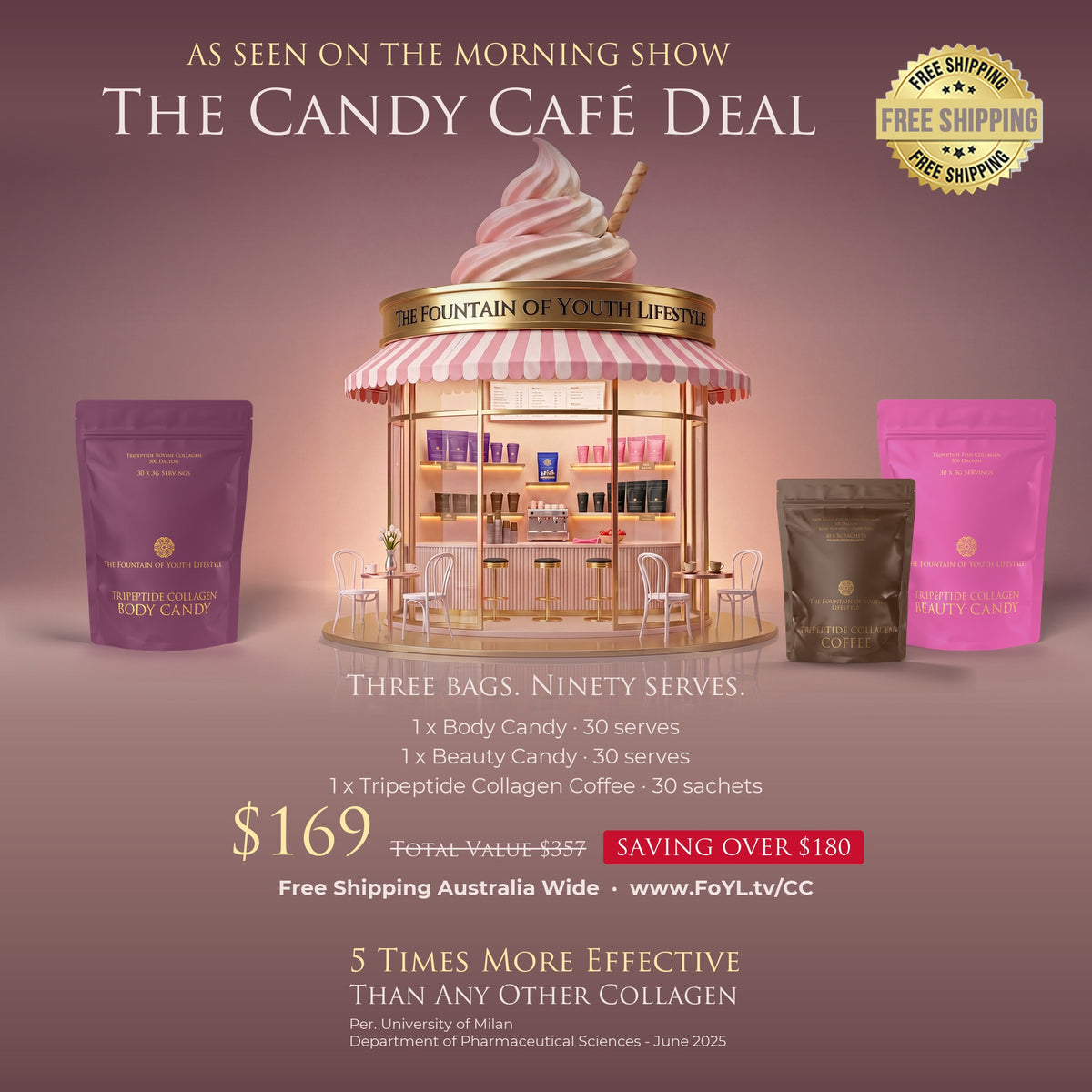 The Candy Café Deal: Tripeptide Collagen Body Candy, Tripeptide Collagen Coffee and Tripeptide Collagen Beauty Candy beside the carousel, $169, total value $357