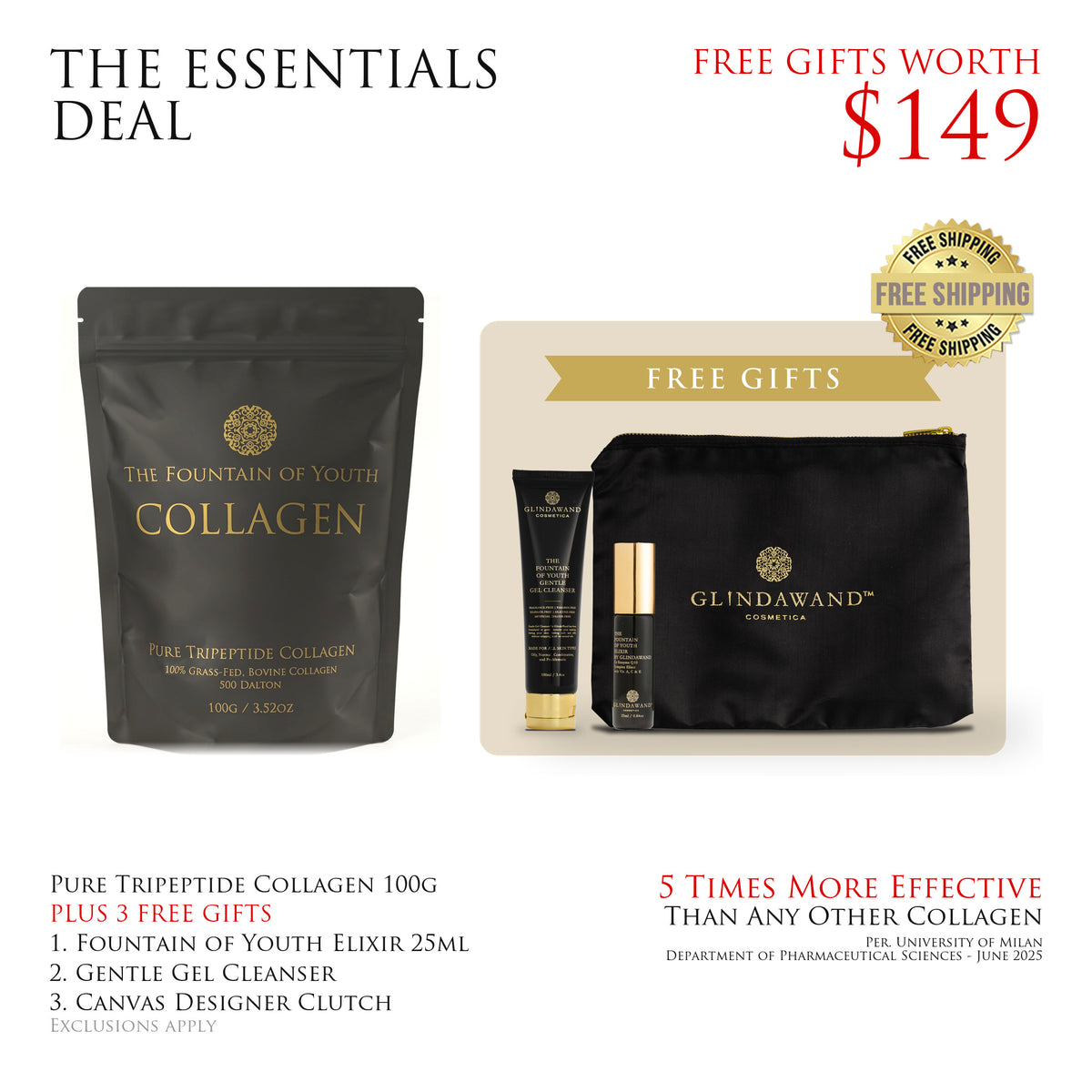 The Essentials Deal: Pure Tripeptide Collagen 100g bag beside the three free GlindaWand gifts, the Fountain of Youth Elixir 25ml, Gentle Gel Cleanser and Canvas Designer Makeup Clutch