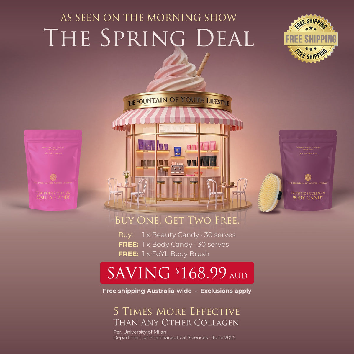 The Spring Deal: Tripeptide Collagen Beauty Candy, Tripeptide Collagen Body Candy and The FoYL Body Brush beside the Candy Café carousel