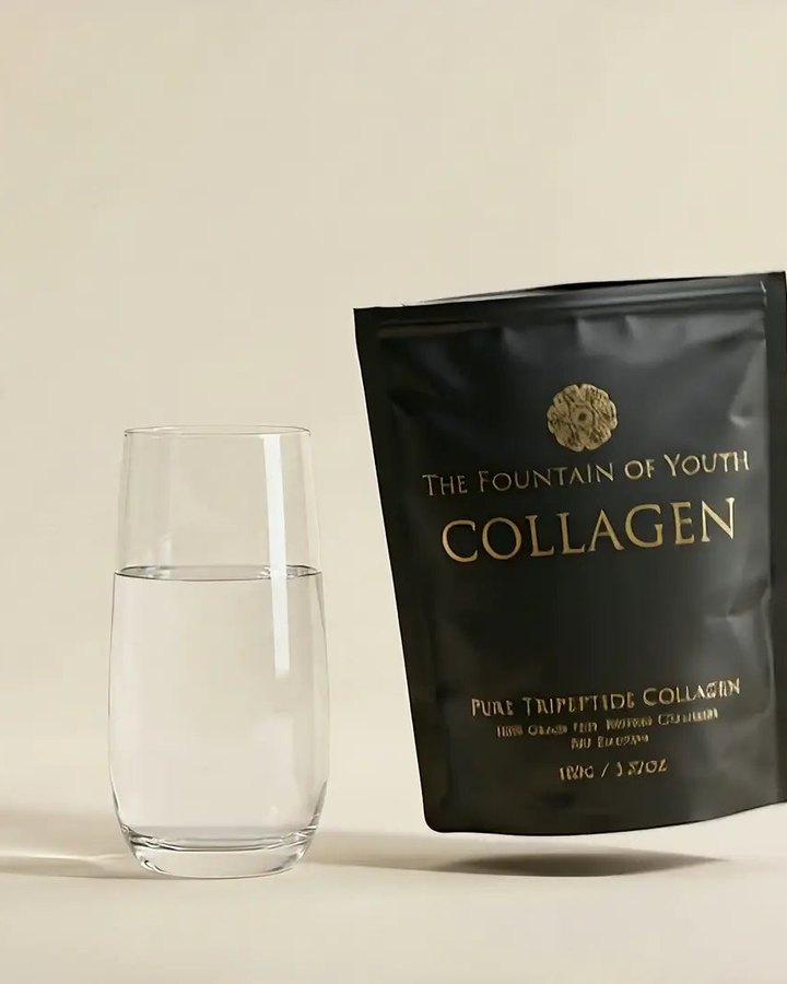 A Pure Tripeptide Collagen 100g bag beside a clear glass of water