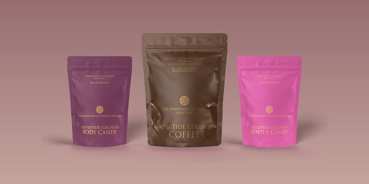 Tripeptide Collagen Body Candy, Tripeptide Collagen Coffee and Tripeptide Collagen Beauty Candy side by side at true relative size