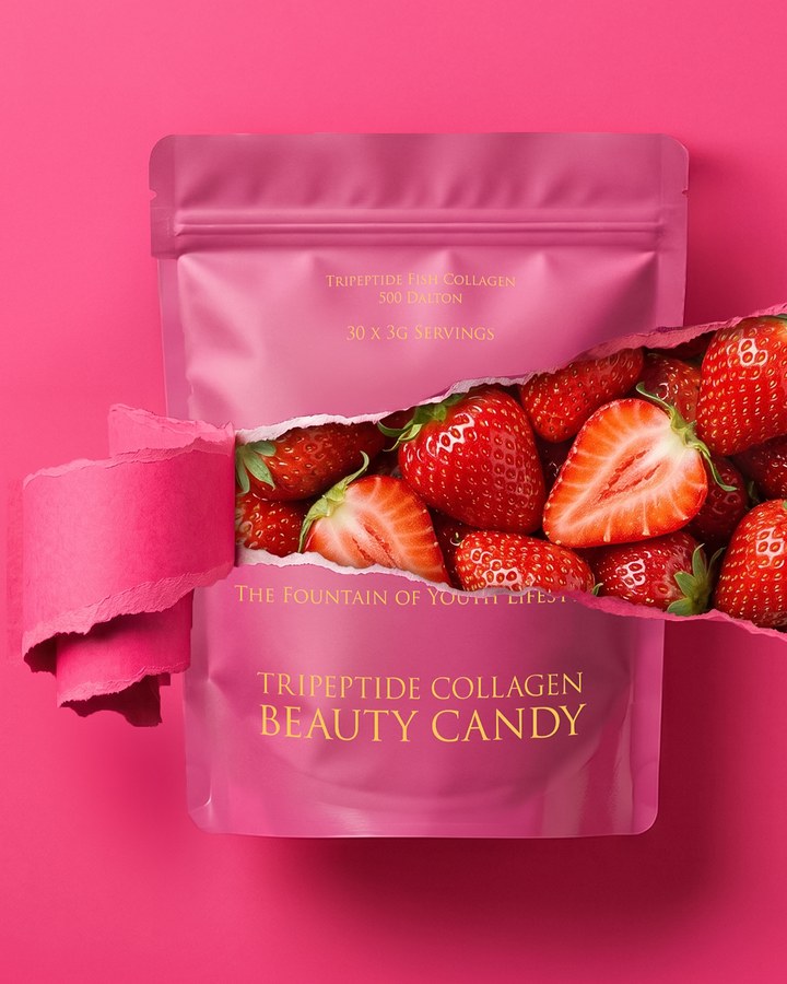 Tripeptide Collagen Beauty Candy pouch torn open to show fresh strawberries