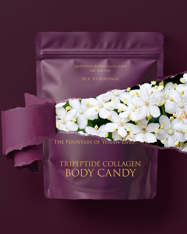 Tripeptide Collagen Body Candy pouch torn open to show elderflower blossom