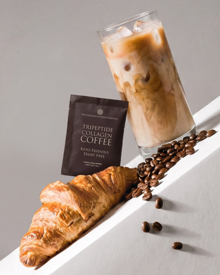 A Tripeptide Collagen Coffee sachet with an iced latte and a croissant