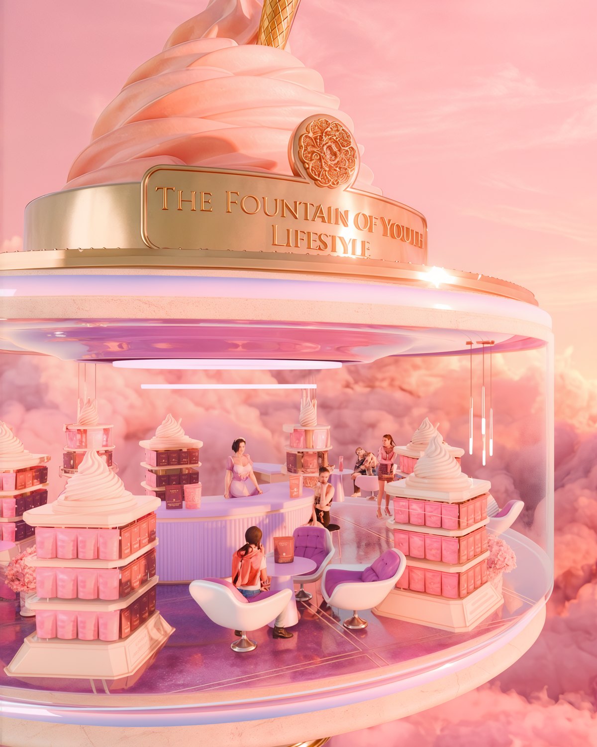 The Fountain of Youth Lifestyle Candy Café, a pink and gold kiosk floating above the clouds