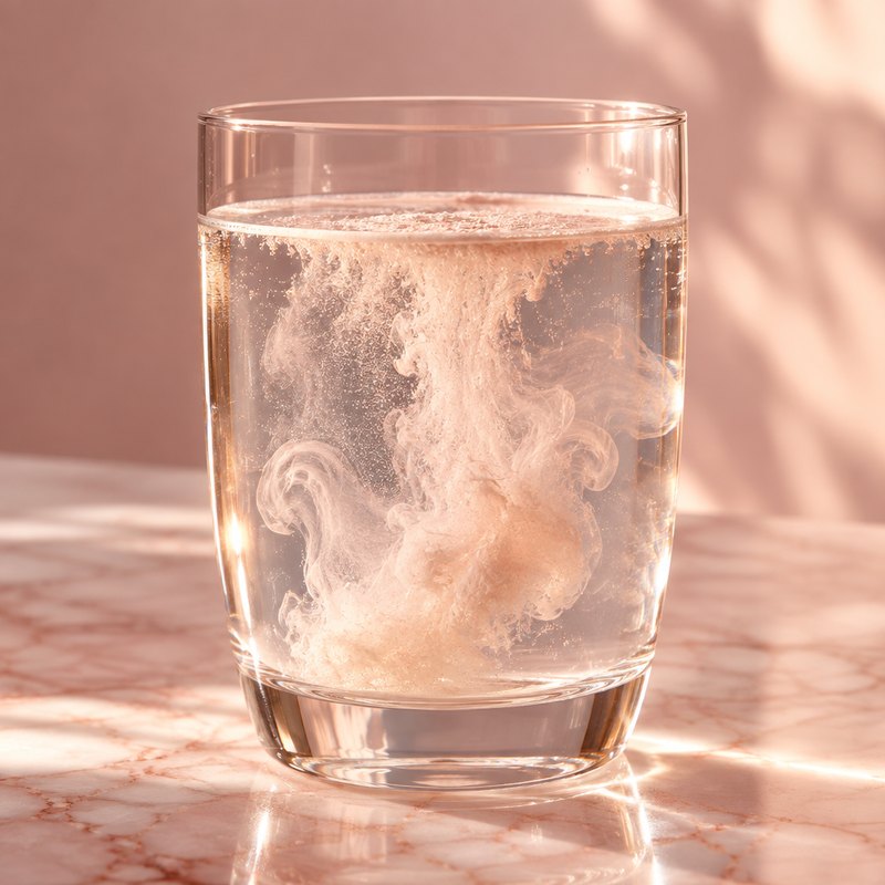 Fine powder dissolving in a glass of water in warm light