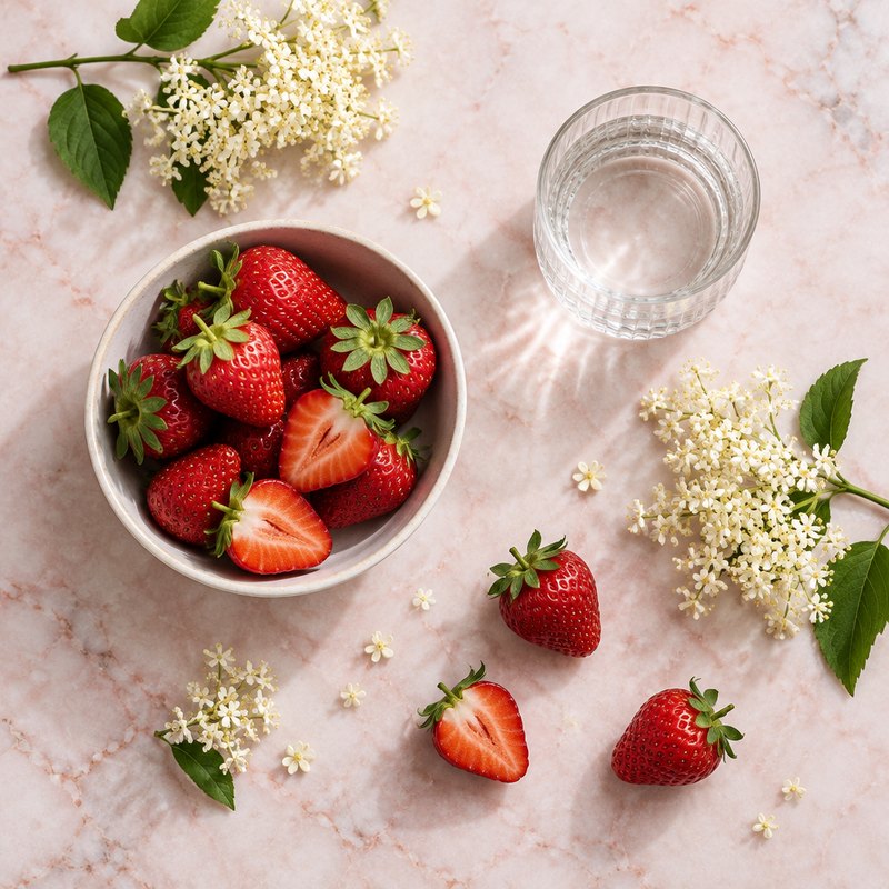 Fresh strawberries and elderflower blossom on pink marble