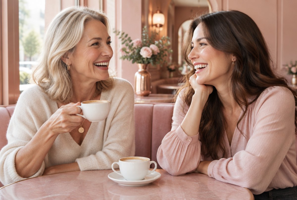 Two women laughing over coffee at a pink café table