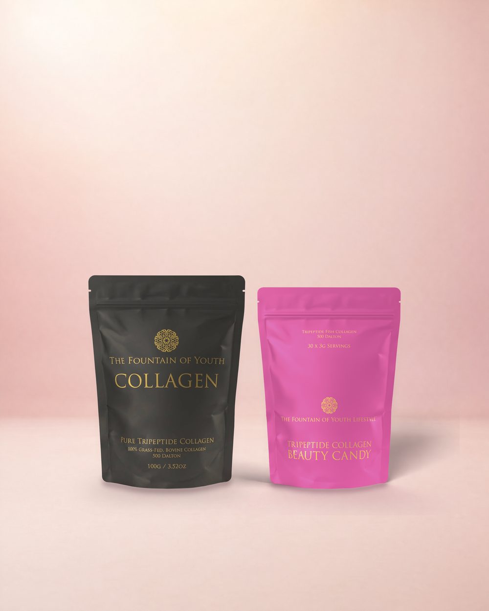 A 100g Pure Tripeptide Collagen bag beside a Beauty Candy pouch