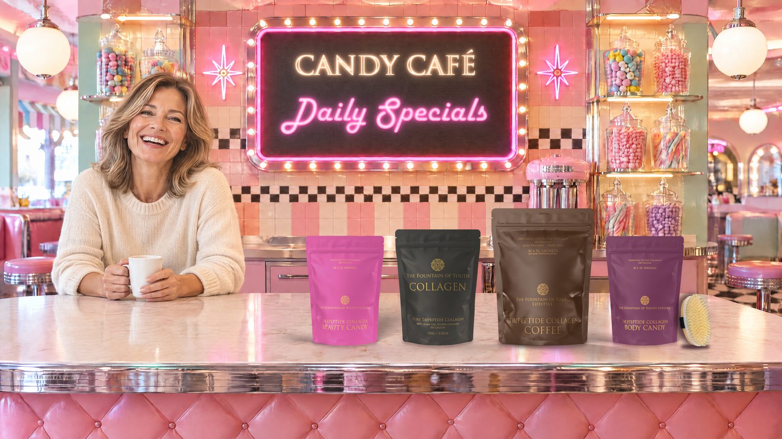 A woman in her fifties laughing over a cup of coffee at a pink 1950s diner counter, under a neon Candy Café Daily Specials sign, with Beauty Candy, a 100g Pure Tripeptide Collagen bag, Collagen Coffee, Body Candy and the FoYL Body Brush lined up on the counter