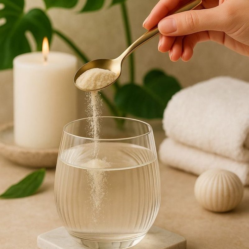 Collagen powder pouring from a spoon into a glass of water