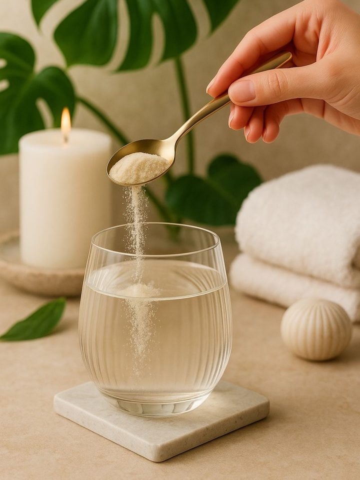 Fine collagen powder pouring from a spoon into a glass of water