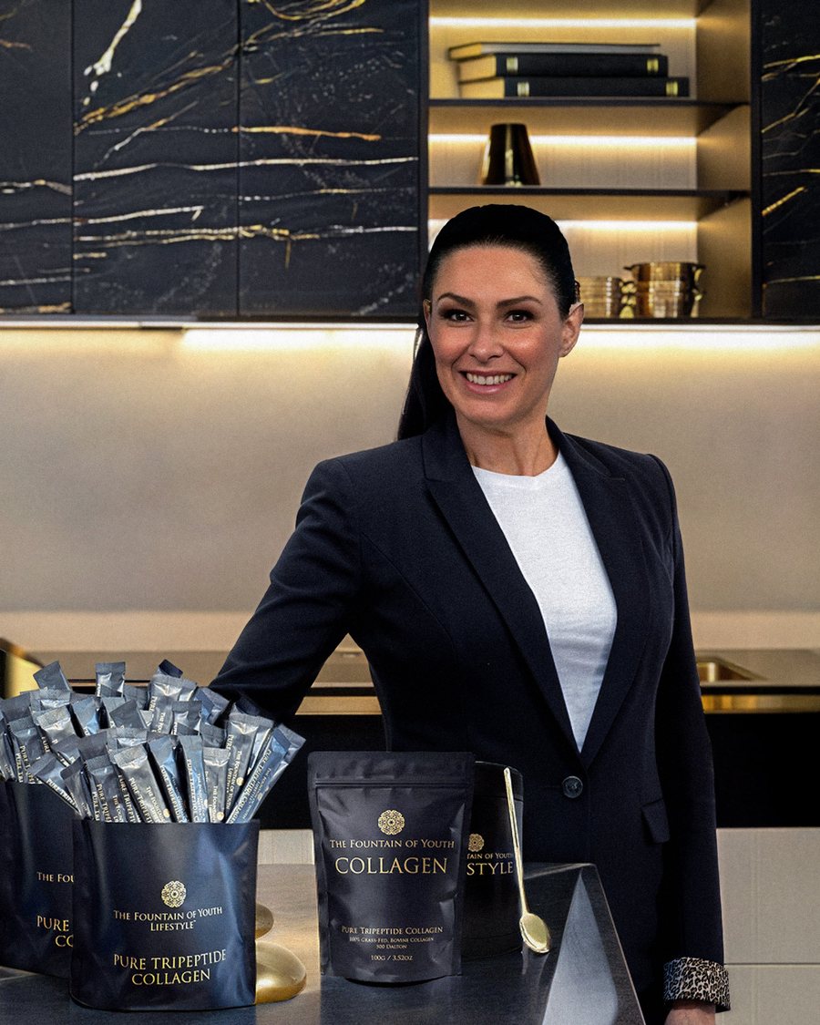 Jacqui Hutton, founder, behind The Fountain of Youth Lifestyle Pure Tripeptide Collagen 100g bags