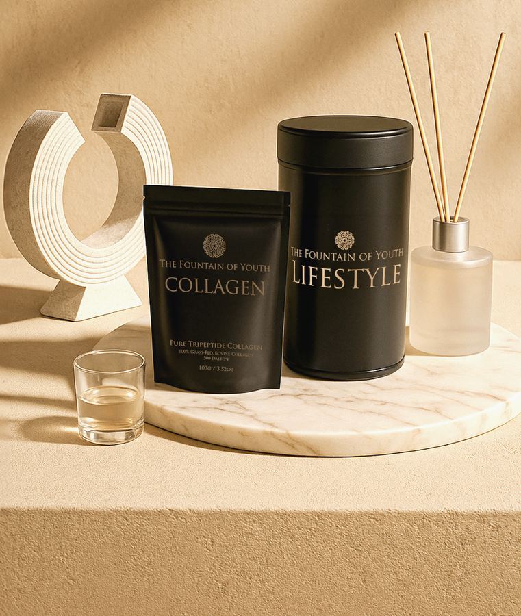 The Fountain of Youth Lifestyle collagen bag and canister in a warm still life
