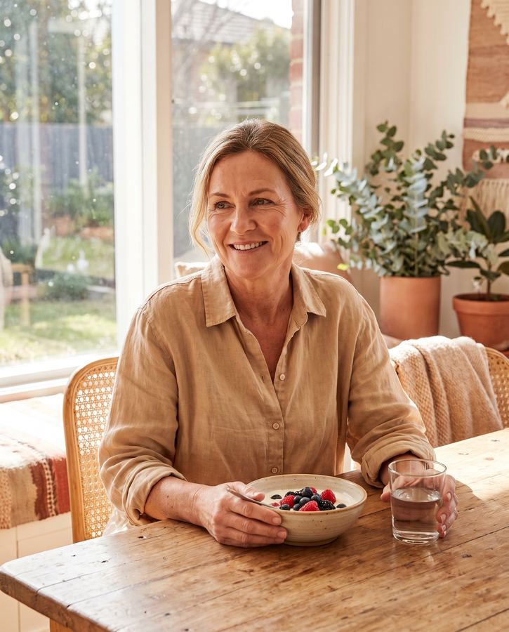 A woman in her fifties enjoying a healthy breakfast at a sunlit table