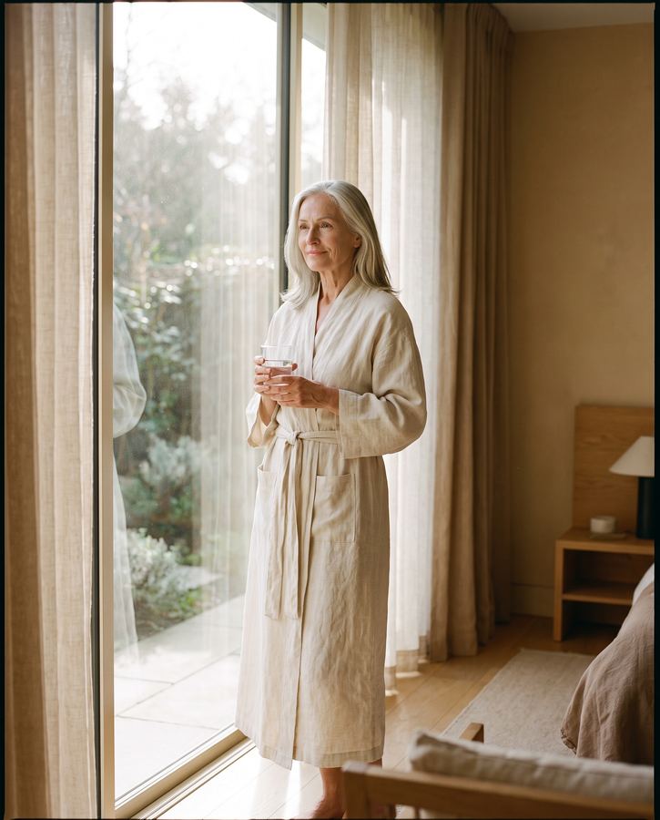 A silver-haired woman holding a glass of water by a window in morning light