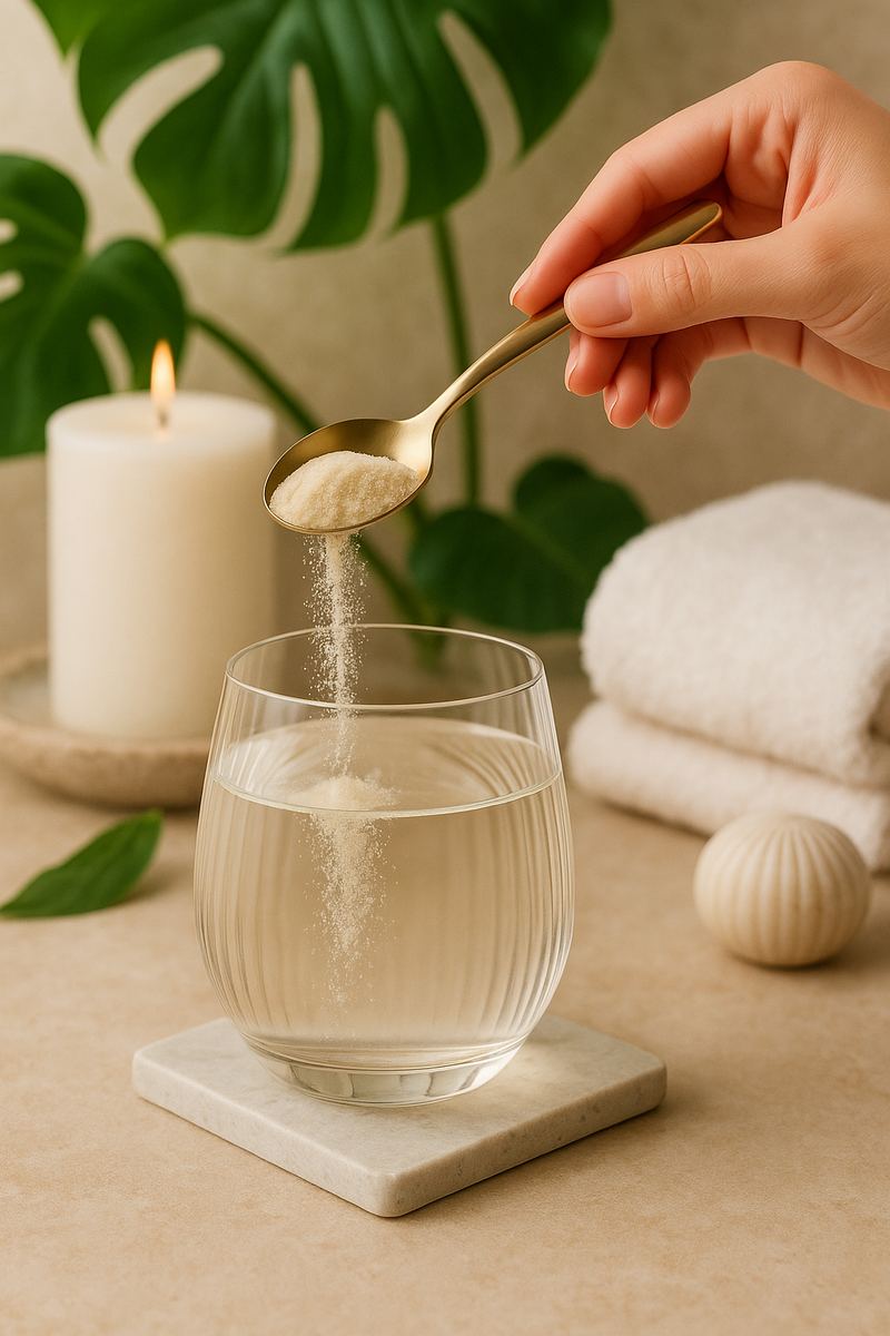 A spoon of fine tripeptide collagen powder pouring into a glass of water
