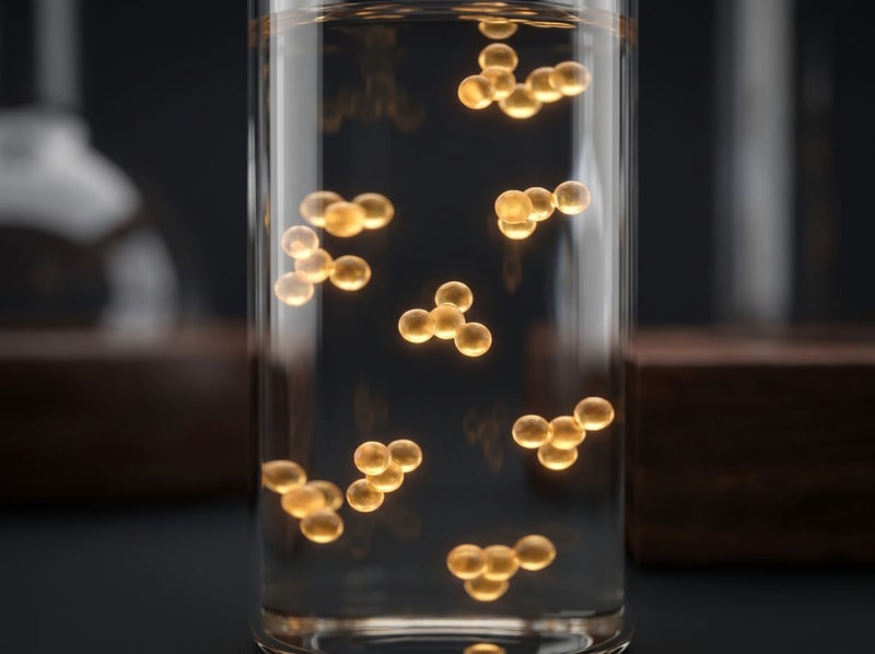 Golden linked molecules suspended in a glass vessel