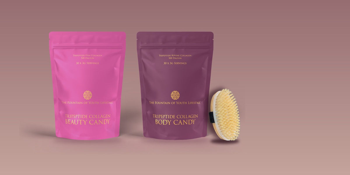 Tripeptide Collagen Beauty Candy, Tripeptide Collagen Body Candy and The FoYL Body Brush side by side at true relative size