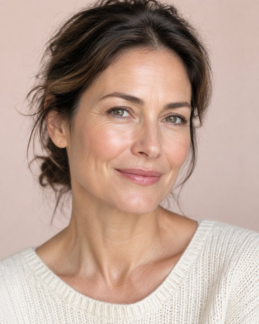 A smiling woman in her fifties with smooth, glowing skin